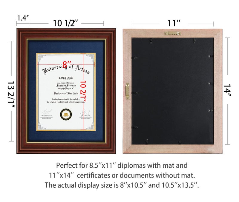 CORE ART 11x14 Diploma Frame Display Certificates 8.5x11 with Navy Mat or Documents 11x14 without Mat, College Degree Wooden Frame with Tempered Glass for Wall and Tabletop Display(Chocolate Brown) - Image 4